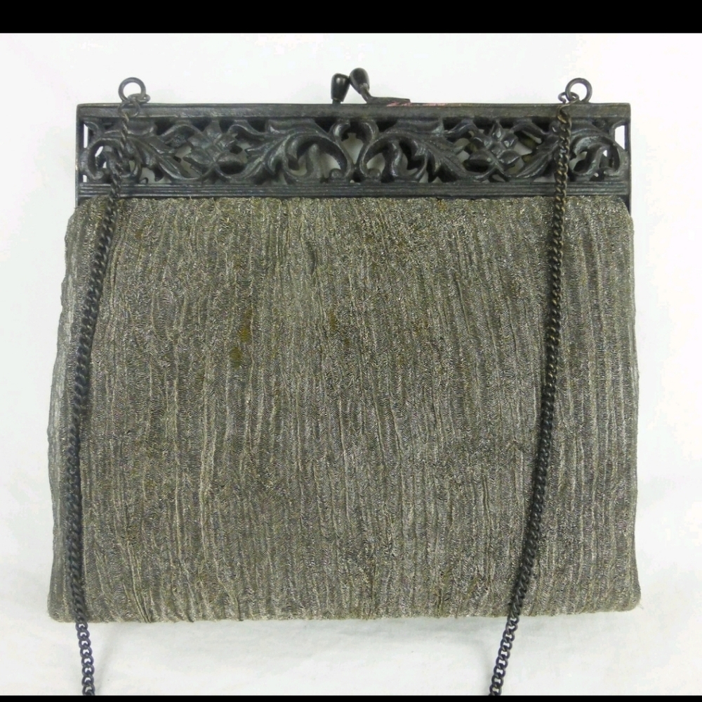 Vtg purse clutch handbag metalic silk mesh cast iron decor closer Venetian artsy - Picture 2 of 5